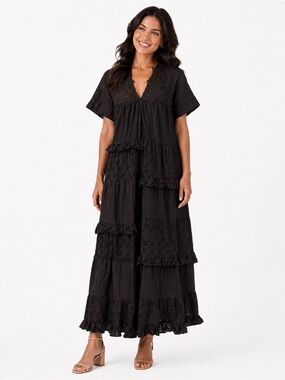 ASOS Size 6 Oversized Black Eyelet Tiered Maxi Dress - Women